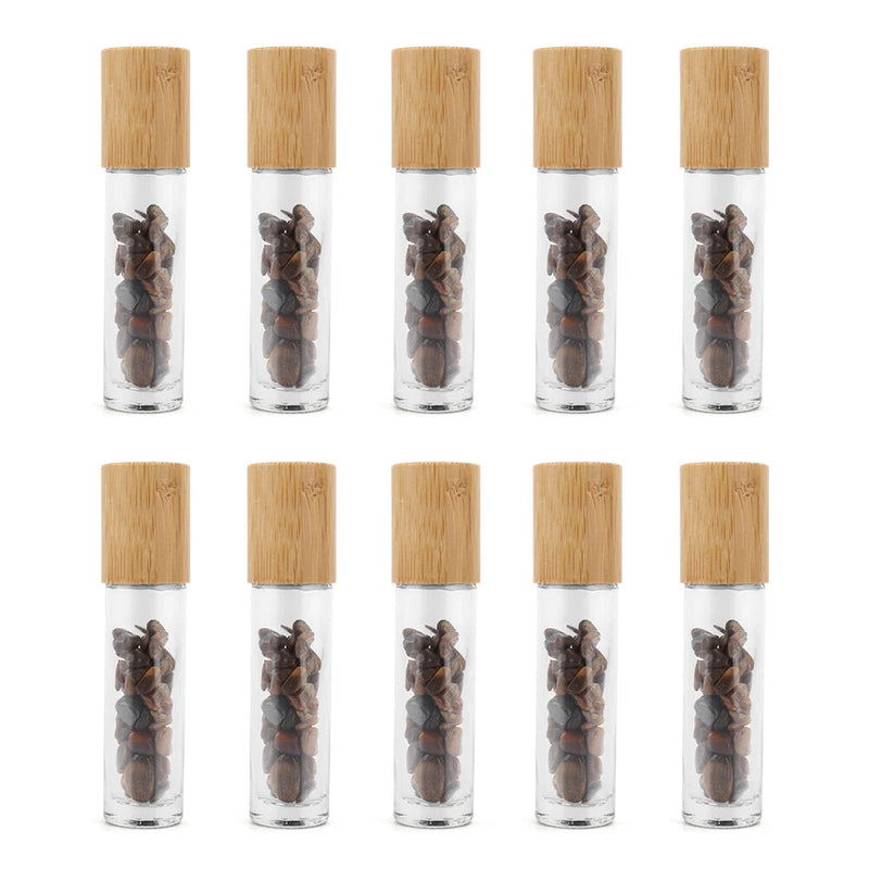 10 Packs 10ml Roll On Bottle With Gemstone Rollerball Crystal Chips Bamboo Lids Glass Roller Bottles Essential Oil Sample Bottle-Health Wisdom™