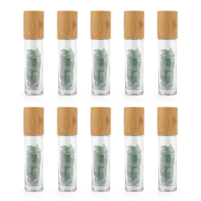 10 Packs 10ml Roll On Bottle With Gemstone Rollerball Crystal Chips Bamboo Lids Glass Roller Bottles Essential Oil Sample Bottle-Health Wisdom™