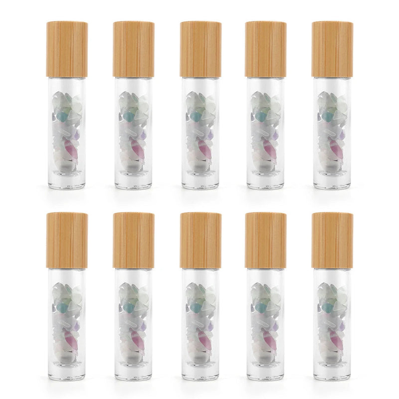 10 Packs 10ml Roll On Bottle With Gemstone Rollerball Crystal Chips Bamboo Lids Glass Roller Bottles Essential Oil Sample Bottle-Health Wisdom™