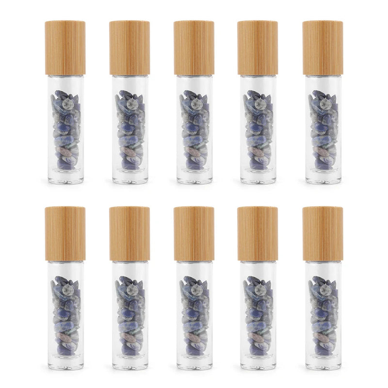 10 Packs 10ml Roll On Bottle With Gemstone Rollerball Crystal Chips Bamboo Lids Glass Roller Bottles Essential Oil Sample Bottle-Health Wisdom™