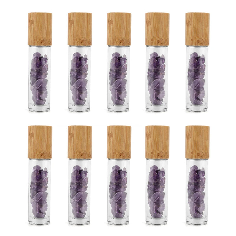 10 Packs 10ml Roll On Bottle With Gemstone Rollerball Crystal Chips Bamboo Lids Glass Roller Bottles Essential Oil Sample Bottle-Health Wisdom™