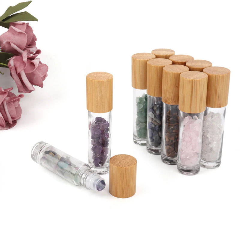 10 Packs 10ml Roll On Bottle With Gemstone Rollerball Crystal Chips Bamboo Lids Glass Roller Bottles Essential Oil Sample Bottle-Health Wisdom™