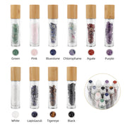 10 Packs 10ml Roll On Bottle With Gemstone Rollerball Crystal Chips Bamboo Lids Glass Roller Bottles Essential Oil Sample Bottle-Health Wisdom™