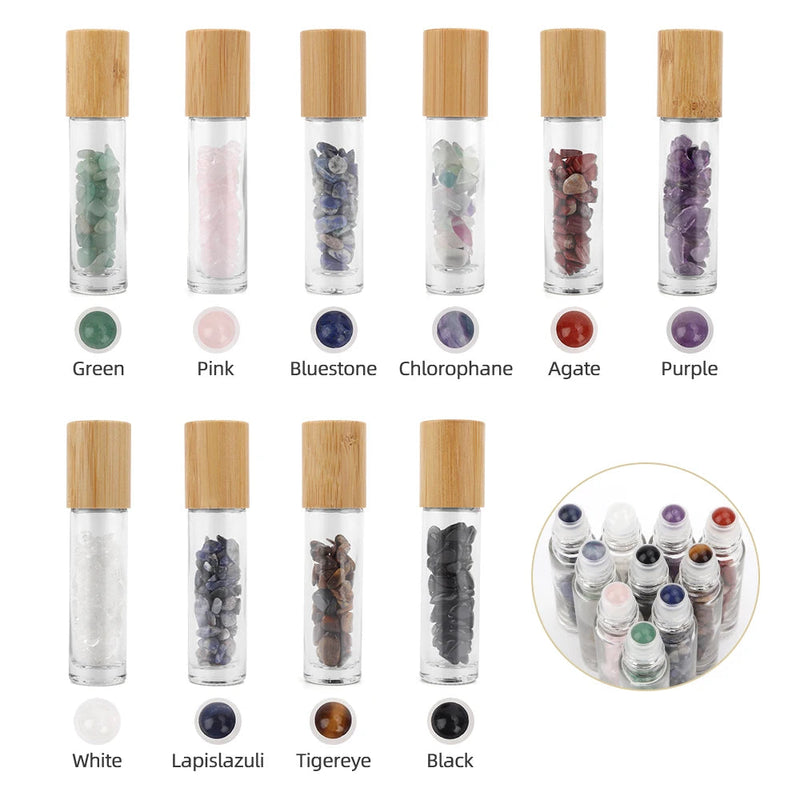 10 Packs 10ml Roll On Bottle With Gemstone Rollerball Crystal Chips Bamboo Lids Glass Roller Bottles Essential Oil Sample Bottle-Health Wisdom™