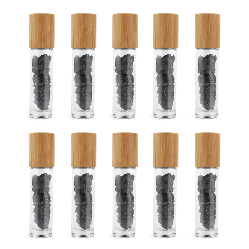 10 Packs 10ml Roll On Bottle With Gemstone Rollerball Crystal Chips Bamboo Lids Glass Roller Bottles Essential Oil Sample Bottle-Health Wisdom™