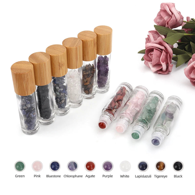 10 Packs 10ml Roll On Bottle With Gemstone Rollerball Crystal Chips Bamboo Lids Glass Roller Bottles Essential Oil Sample Bottle-Health Wisdom™