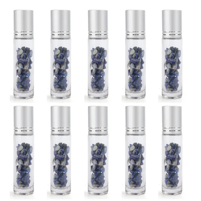 10pcs 10ml Roll On Bottles Natural Gemstone Essential Oil Roller Ball Bottles Transparent Perfumes Oil Liquid with Crystal Chips-Health Wisdom™