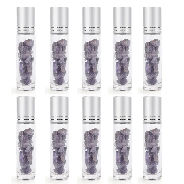 10pcs 10ml Roll On Bottles Natural Gemstone Essential Oil Roller Ball Bottles Transparent Perfumes Oil Liquid with Crystal Chips-Health Wisdom™