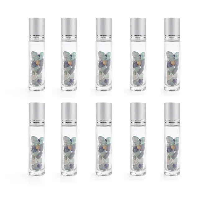 10pcs 10ml Roll On Bottles Natural Gemstone Essential Oil Roller Ball Bottles Transparent Perfumes Oil Liquid with Crystal Chips-Health Wisdom™
