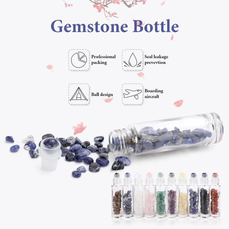 10pcs 10ml Roll On Bottles Natural Gemstone Essential Oil Roller Ball Bottles Transparent Perfumes Oil Liquid with Crystal Chips-Health Wisdom™