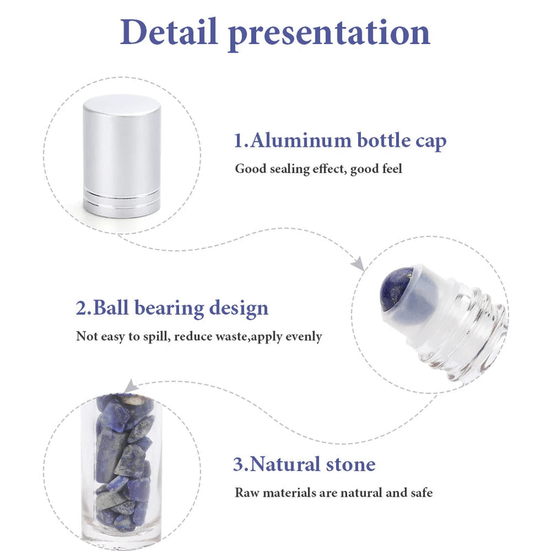 10pcs 10ml Roll On Bottles Natural Gemstone Essential Oil Roller Ball Bottles Transparent Perfumes Oil Liquid with Crystal Chips-Health Wisdom™