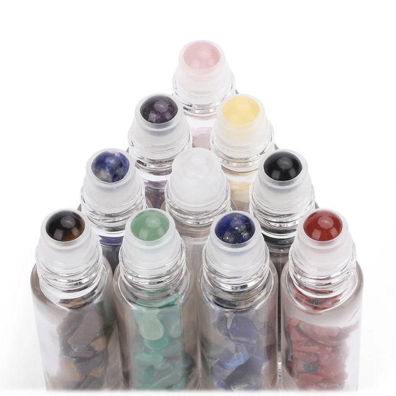 10pcs 10ml Roll On Bottles Natural Gemstone Essential Oil Roller Ball Bottles Transparent Perfumes Oil Liquid with Crystal Chips-Health Wisdom™