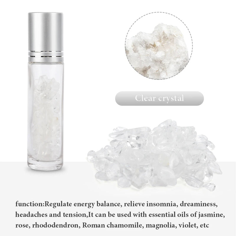 10pcs 10ml Roll On Bottles Natural Gemstone Essential Oil Roller Ball Bottles Transparent Perfumes Oil Liquid with Crystal Chips-Health Wisdom™