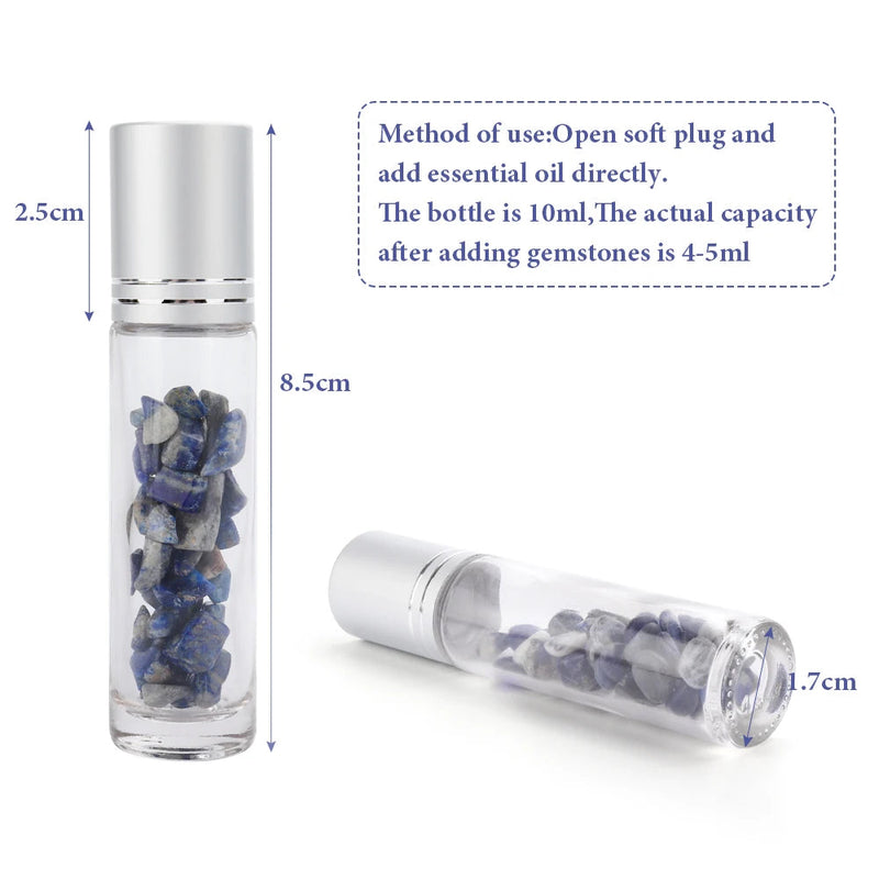 10pcs 10ml Roll On Bottles Natural Gemstone Essential Oil Roller Ball Bottles Transparent Perfumes Oil Liquid with Crystal Chips-Health Wisdom™