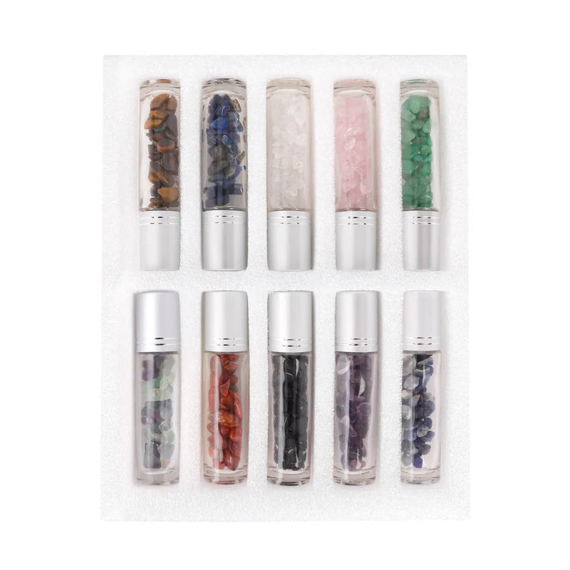 10pcs 10ml Roll On Bottles Natural Gemstone Essential Oil Roller Ball Bottles Transparent Perfumes Oil Liquid with Crystal Chips-Health Wisdom™