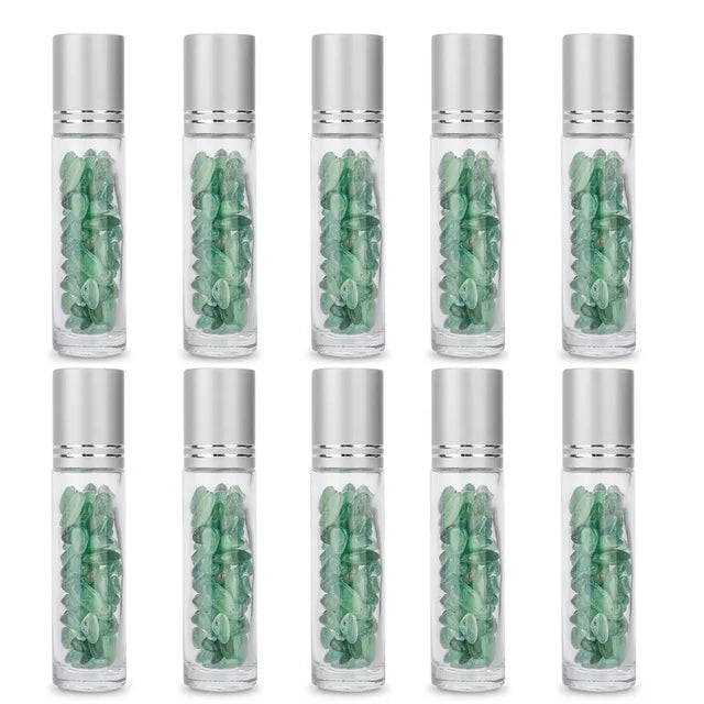 10pcs 10ml Roll On Bottles Natural Gemstone Essential Oil Roller Ball Bottles Transparent Perfumes Oil Liquid with Crystal Chips-Health Wisdom™