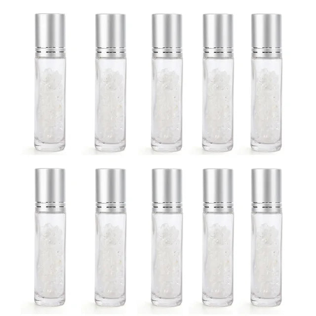 10pcs 10ml Roll On Bottles Natural Gemstone Essential Oil Roller Ball Bottles Transparent Perfumes Oil Liquid with Crystal Chips-Health Wisdom™