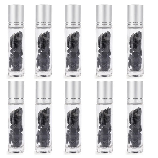 10pcs 10ml Roll On Bottles Natural Gemstone Essential Oil Roller Ball Bottles Transparent Perfumes Oil Liquid with Crystal Chips-Health Wisdom™