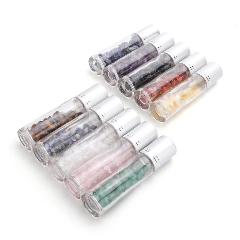 10pcs 10ml Roll On Bottles Natural Gemstone Essential Oil Roller Ball Bottles Transparent Perfumes Oil Liquid with Crystal Chips-Health Wisdom™