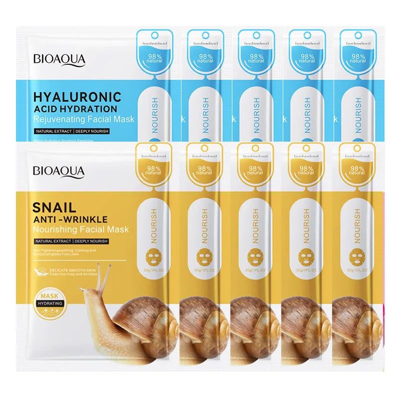 10pcs BIOAQUA Snail Collagen Hyaluronic Acid Face Mask skincare Moisturizing Anti Wrinkle Whitening Facial Masks Face Skin Care-Health Wisdom™