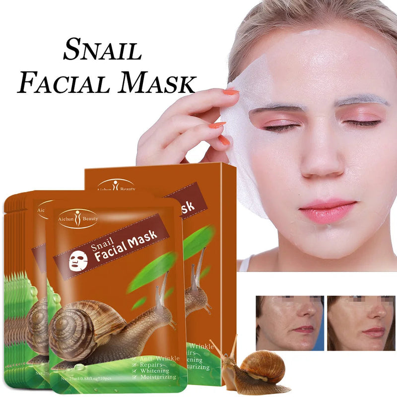 10pcs Snail Essence Facial Masks Face Care Masks Moisturizing Brightens Skin Anti-wrinkle Whitening Face Sheet Mask for Beauty-Health Wisdom™