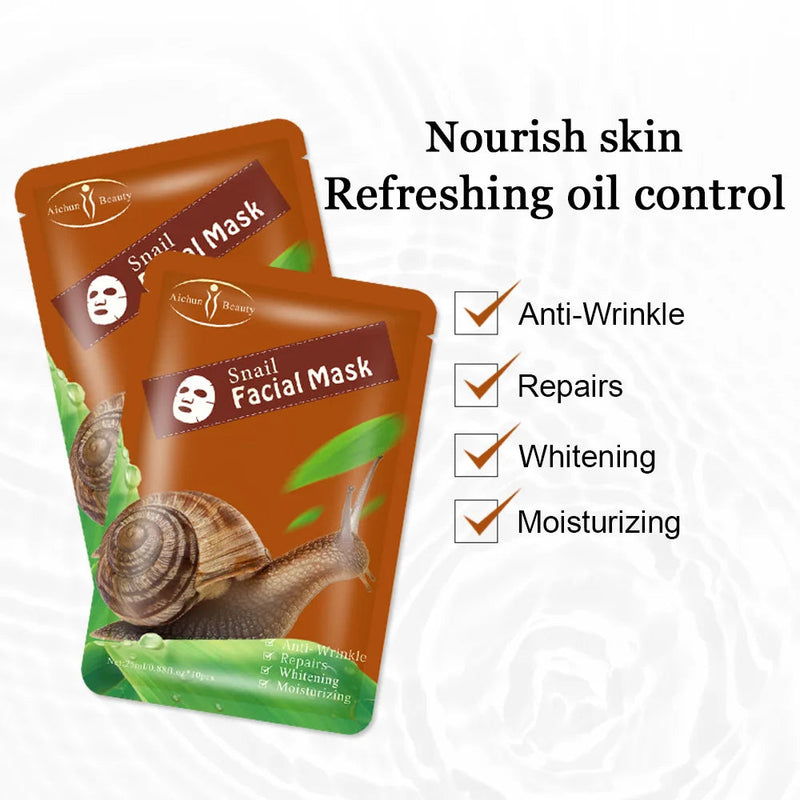 10pcs Snail Essence Facial Masks Face Care Masks Moisturizing Brightens Skin Anti-wrinkle Whitening Face Sheet Mask for Beauty-Health Wisdom™