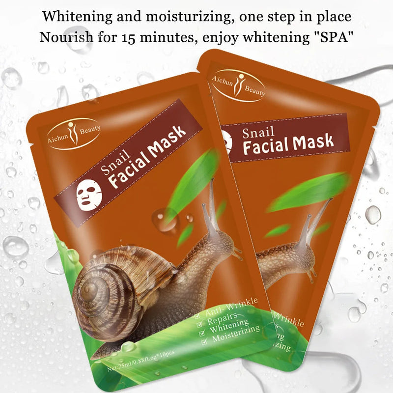 10pcs Snail Essence Facial Masks Face Care Masks Moisturizing Brightens Skin Anti-wrinkle Whitening Face Sheet Mask for Beauty-Health Wisdom™