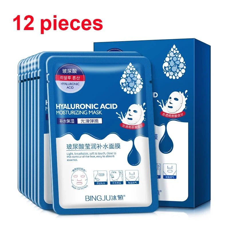 12 Pieces Hyaluronic Acid Facial Mask Sheet Pores Moisturizing Oil-Control Anti-Aging Replenishment Whitening Aloe Face Care-Health Wisdom™
