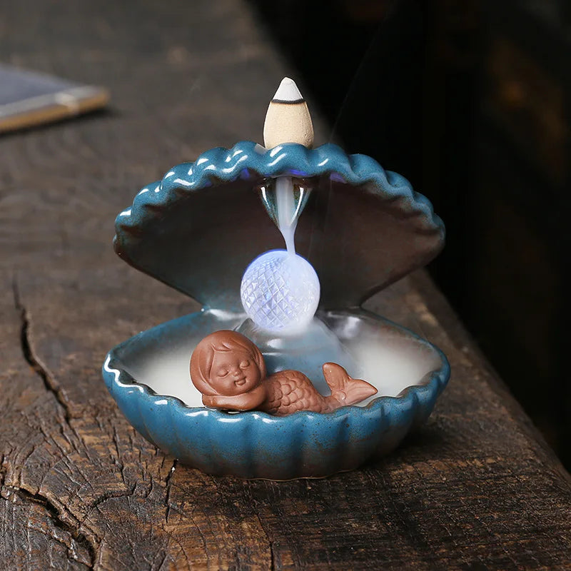 1pc Blue Shell Pearl Incense Burner Home Decor for Living Room Pearl In Shell with LED Light Desktop Mermaid Incense Burner-Health Wisdom™