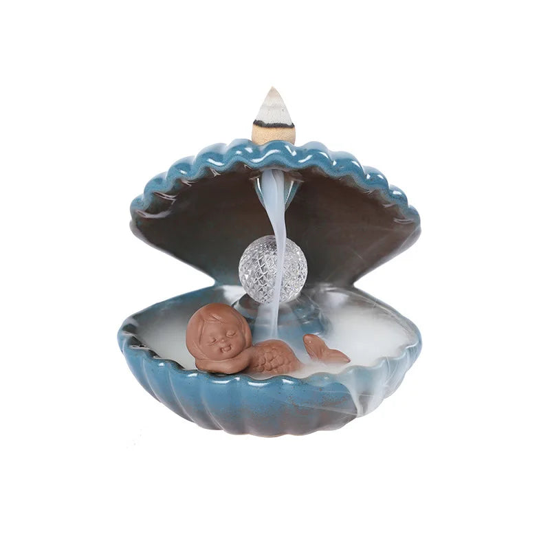 1pc Blue Shell Pearl Incense Burner Home Decor for Living Room Pearl In Shell with LED Light Desktop Mermaid Incense Burner-Health Wisdom™