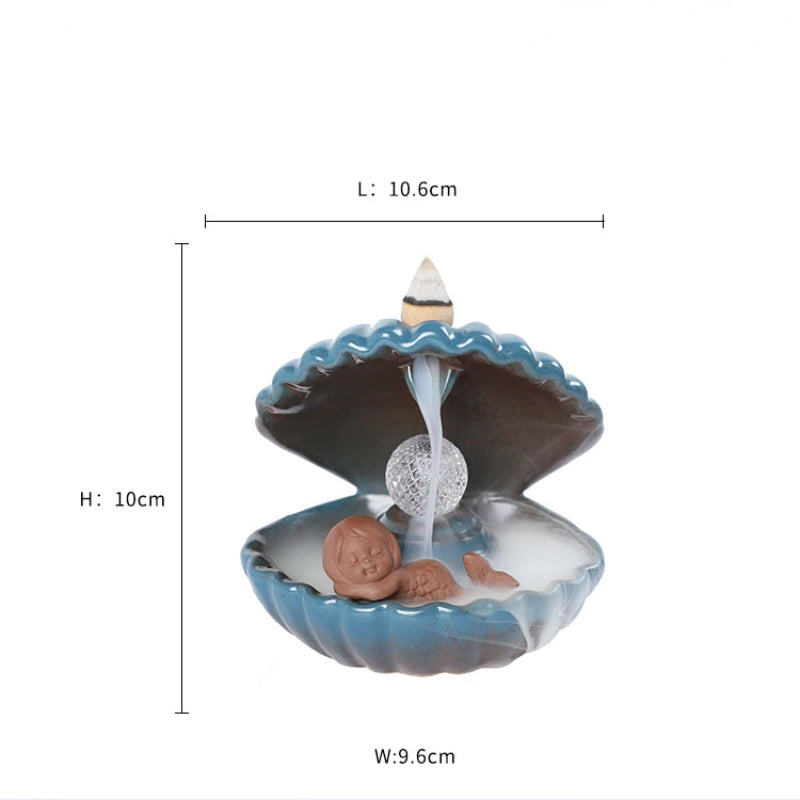 1pc Blue Shell Pearl Incense Burner Home Decor for Living Room Pearl In Shell with LED Light Desktop Mermaid Incense Burner-Health Wisdom™
