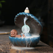 1pc Blue Shell Pearl Incense Burner Home Decor for Living Room Pearl In Shell with LED Light Desktop Mermaid Incense Burner-Health Wisdom™