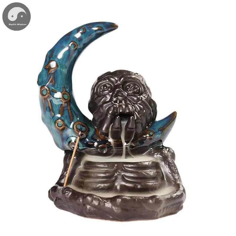 1pc Ceramic Backflow Incense Burner, Creative Moon and Halloween Skull Head Backflow Incense Holder Home Decor (Without Incense)-Health Wisdom™