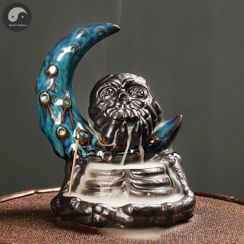 1pc Ceramic Backflow Incense Burner, Creative Moon and Halloween Skull Head Backflow Incense Holder Home Decor (Without Incense)-Health Wisdom™