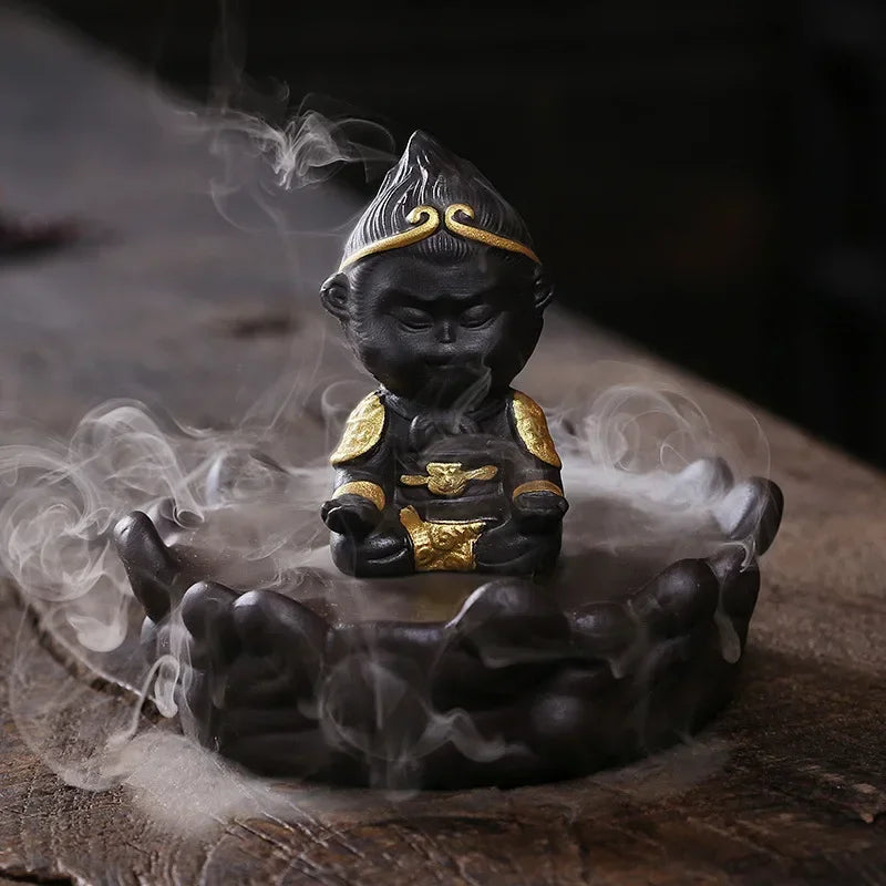 1pc, Ceramic Backflow Incense Burner with Monkey King Figurine and Acrylic Windproof Cover Home Decorations (Without Incense）-Health Wisdom™