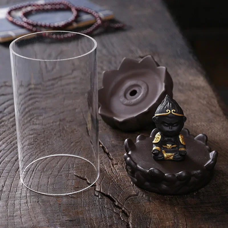 1pc, Ceramic Backflow Incense Burner with Monkey King Figurine and Acrylic Windproof Cover Home Decorations (Without Incense）-Health Wisdom™