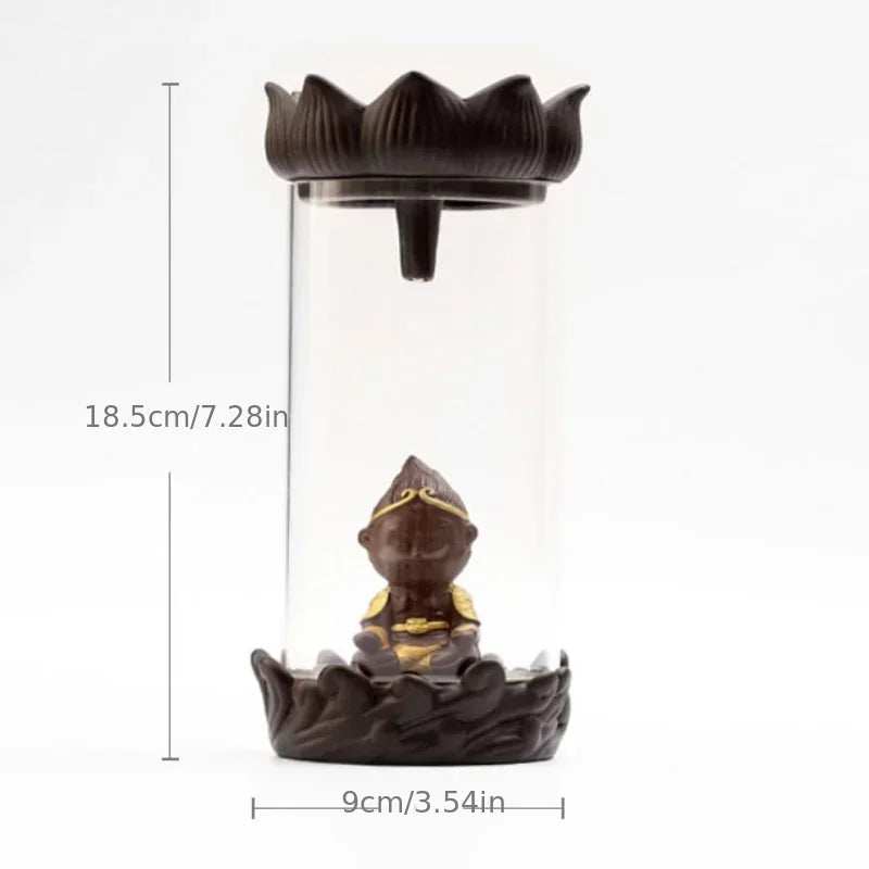 1pc, Ceramic Backflow Incense Burner with Monkey King Figurine and Acrylic Windproof Cover Home Decorations (Without Incense）-Health Wisdom™