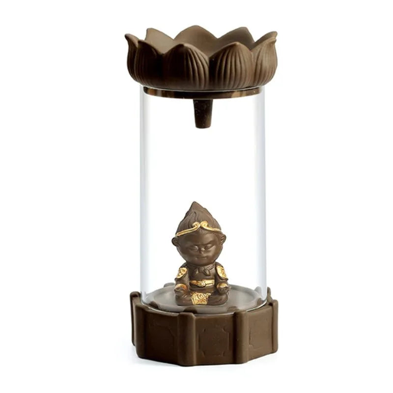 1pc, Ceramic Backflow Incense Burner with Monkey King Figurine and Acrylic Windproof Cover Home Decorations (Without Incense）-Health Wisdom™
