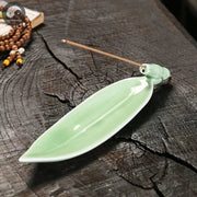 1pc, Ceramic Handicraft Home Ornaments Celadon Bamboo Leaf Incense Stick Holder (Without Incense)-Health Wisdom™