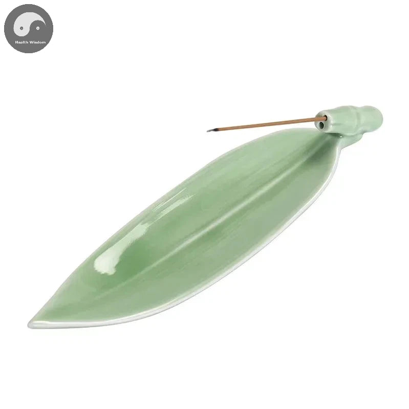 1pc, Ceramic Handicraft Home Ornaments Celadon Bamboo Leaf Incense Stick Holder (Without Incense)-Health Wisdom™