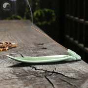 1pc, Ceramic Handicraft Home Ornaments Celadon Bamboo Leaf Incense Stick Holder (Without Incense)-Health Wisdom™