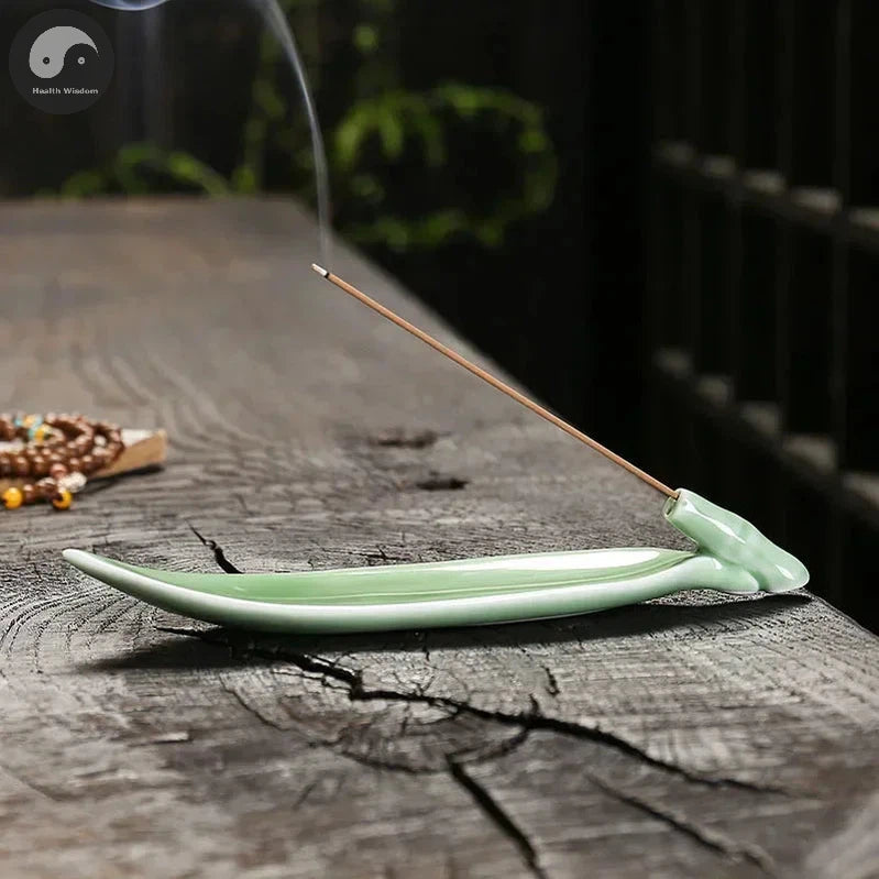 1pc, Ceramic Handicraft Home Ornaments Celadon Bamboo Leaf Incense Stick Holder (Without Incense)-Health Wisdom™