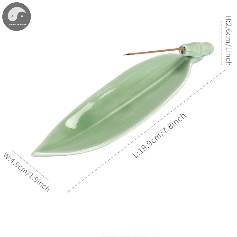 1pc, Ceramic Handicraft Home Ornaments Celadon Bamboo Leaf Incense Stick Holder (Without Incense)-Health Wisdom™