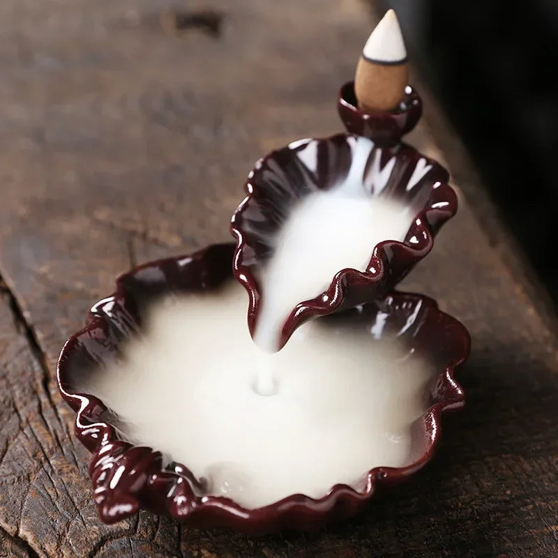 1pc, Ceramic Handicrafts Lotus Waterfall Backflow Incense Burner Incense Holder Censer Home Ornament Decor Tea Pet (No Incense)-Health Wisdom™