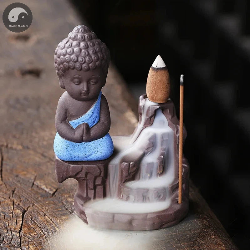 1pc Ceramic Waterfall Incense Burner Cute Monk Backflow Incense Burner Bodhisattva Buddha Burner Home Decor (Without Incense)-Health Wisdom™