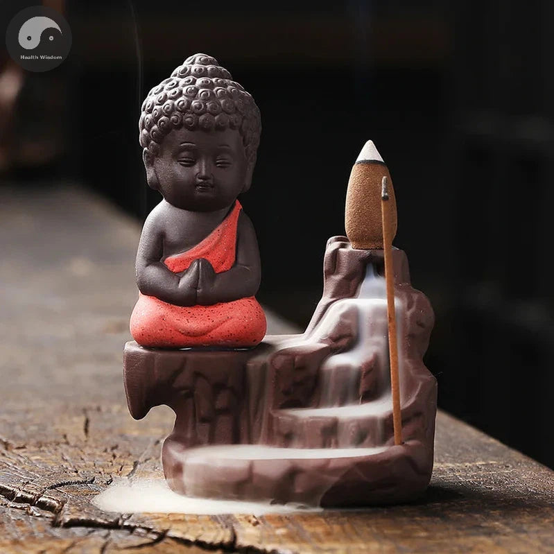 1pc Ceramic Waterfall Incense Burner Cute Monk Backflow Incense Burner Bodhisattva Buddha Burner Home Decor (Without Incense)-Health Wisdom™