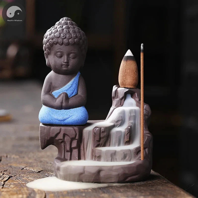 1pc Ceramic Waterfall Incense Burner Cute Monk Backflow Incense Burner Bodhisattva Buddha Burner Home Decor (Without Incense)-Health Wisdom™