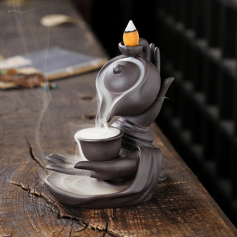1pc, Creative Home Decorations Zen Meditation Buddha Hand Lotus Tea Ceremony Backflow Incense Burner Candle Holders Home Decor-Health Wisdom™