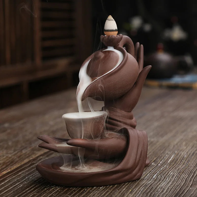 1pc, Creative Home Decorations Zen Meditation Buddha Hand Lotus Tea Ceremony Backflow Incense Burner Candle Holders Home Decor-Health Wisdom™