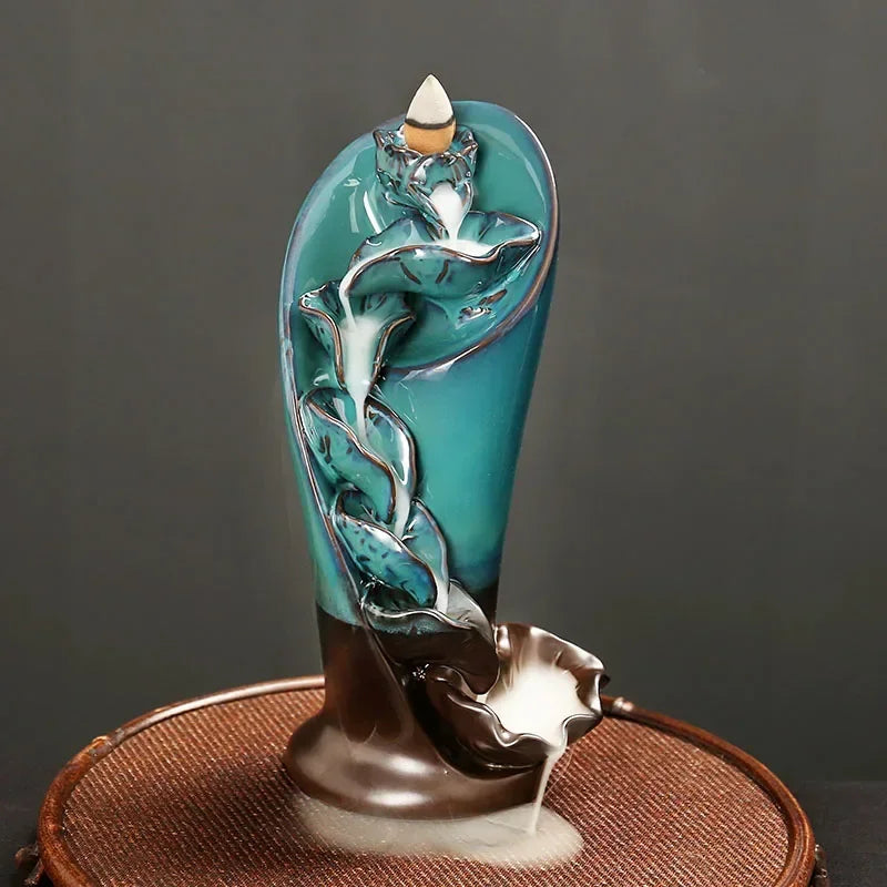 1pc, Creative Torch Design Ceramic Handicraft Home Ornaments Lotus Waterfall Backflow Incense Burner (Without Incense Cones)-Health Wisdom™
